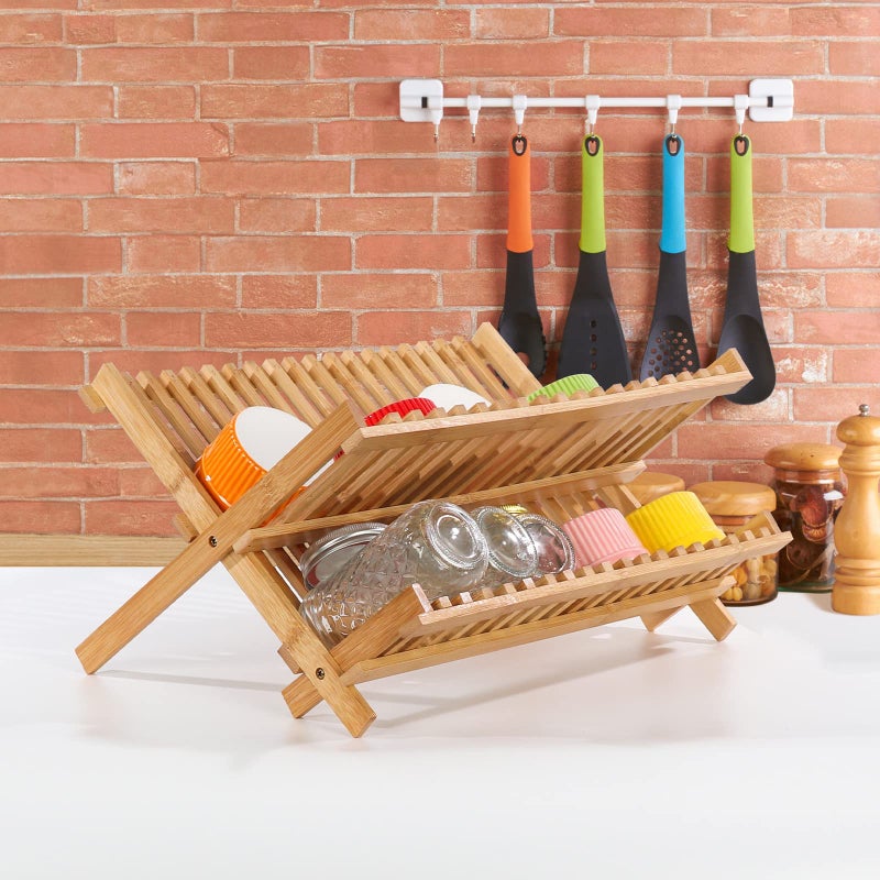 SZUAH Collapsible Bamboo Dish Drying Rack - 2 Tier Space Saving Kitchen Counter Organizer, Holds 19 Plates, Bowls & Utensils (17.8"x10.23"x9.25") - Image 5